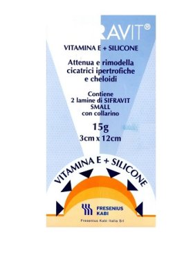 PLACCA IN SILICONE E VITAMINA E SIFRAVIT DIMENSIONI 3X12CM.INDICATA NEL TRATTAMENTO DI CHELOIDI E CICATRICI IPERTROFICHE CONSEGUENTI AD INTERVENTI C HIRURGICI, USTIONI, E FERITE