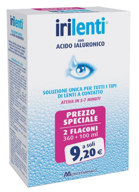 SOLUZIONE UNICA PER LENTI A CONTATTO IRILENTI CON ACIDO IALURONICO 2 FLACONI DA 360 ML + 100 ML