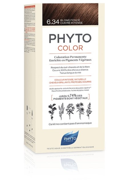 PHYTOCOLOR 6,34 BIONDO SCURO RAMATO INTENSO LATTE + CREMA +MASCHERA + FOGLIETTO ILLUSTRATIVO + 1 PAIO DI GUANTI