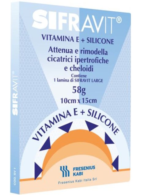 PLACCA IN SILICONE E VITAMINA E SIFRAVIT DIMENSIONI 15X10CM.INDICATA NEL TRATTAMENTO DI CHELOIDI E CICATRICI IPERTROFICHE CONSEGUENTI AD INTERVENTI C HIRURGICI, USTIONI, E FERITE