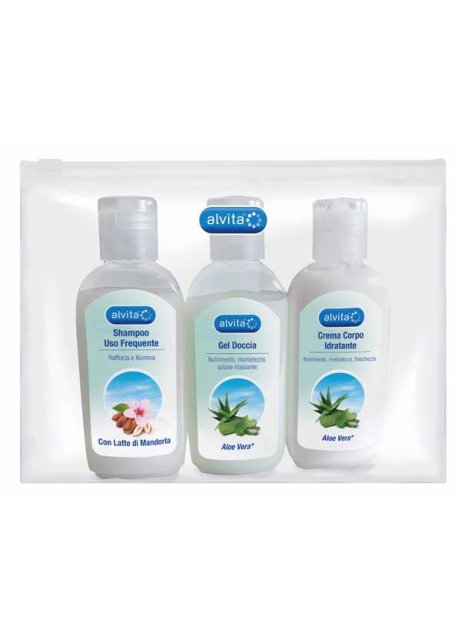 ALVITA KIT VIAGGIO BODY CARE 1 GEL DOCCIA ALOE VERA 75 ML +1 CREMA CORPO IDRATANTE ALOE 75 ML + 1 SHAMPOO USO FREQUENTE75 ML